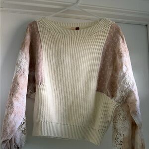 Pilcro Martine peasant lace sleeve sweater boho cream and blush pink